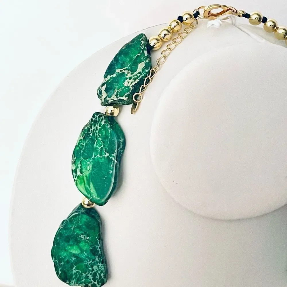 NWT Iris & Lily Gorgeous genuine Green Jasper gemstone Gold Necklace